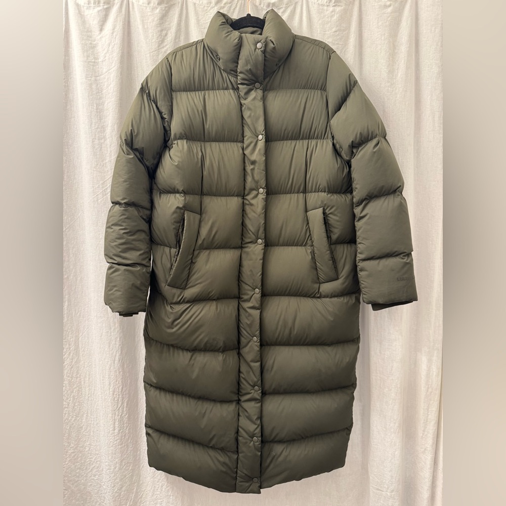 LULULEMON Wunder Puff Long Jacket Olive Legacy Green Puffer Coat Missing Hood 10